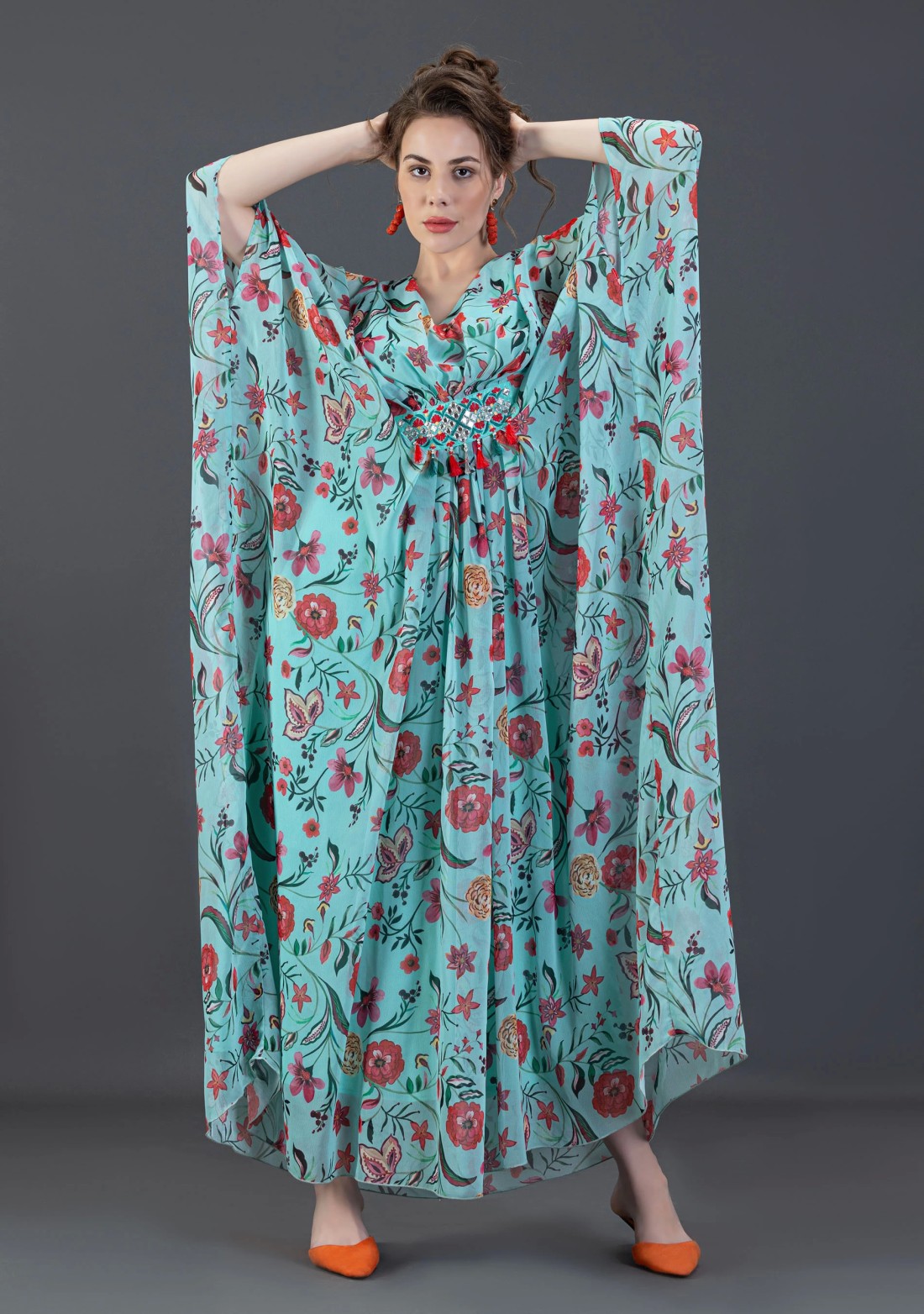 Turquoise Oriental Floral Printed Embellished Kaftan