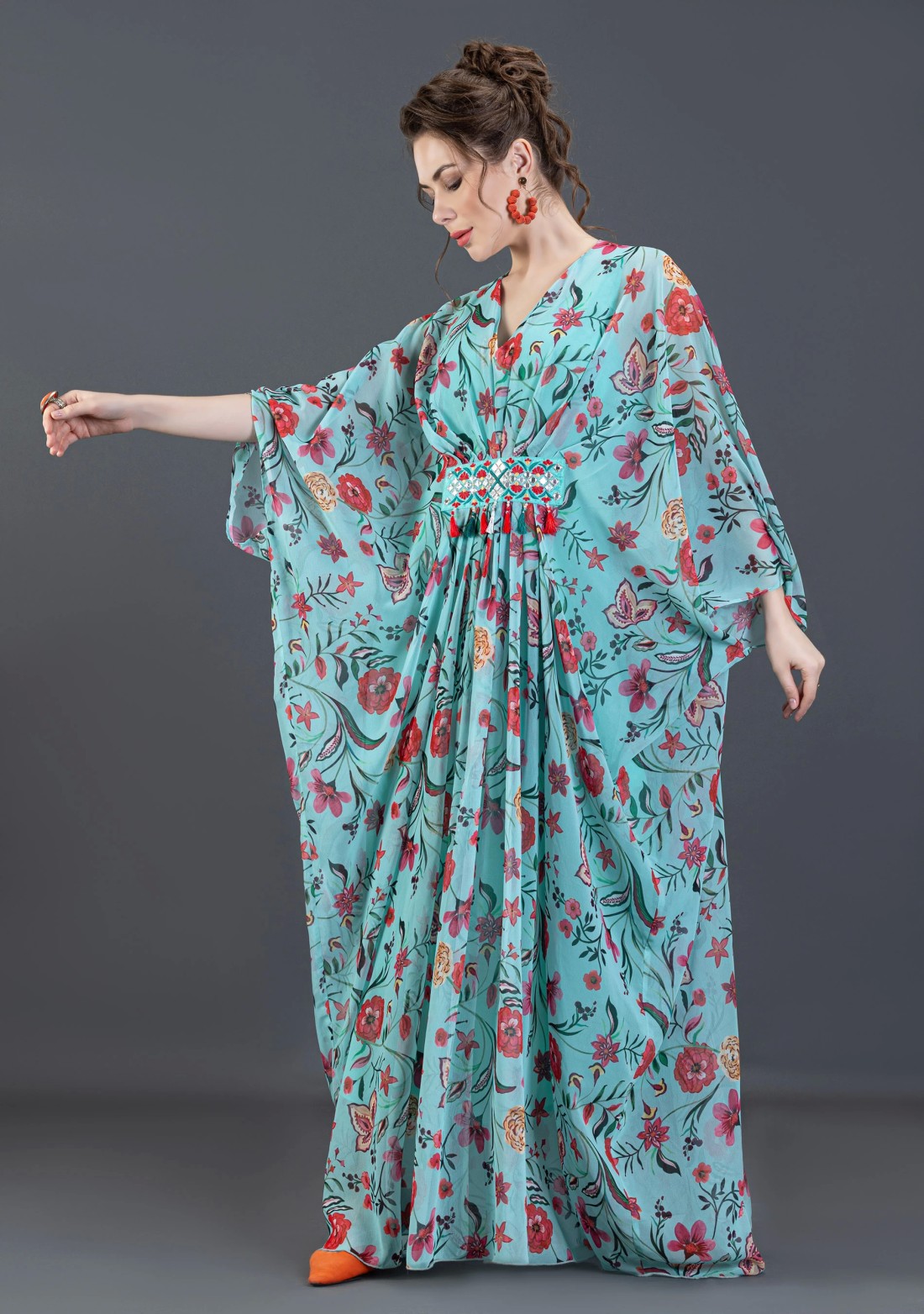 Turquoise Oriental Floral Printed Embellished Kaftan