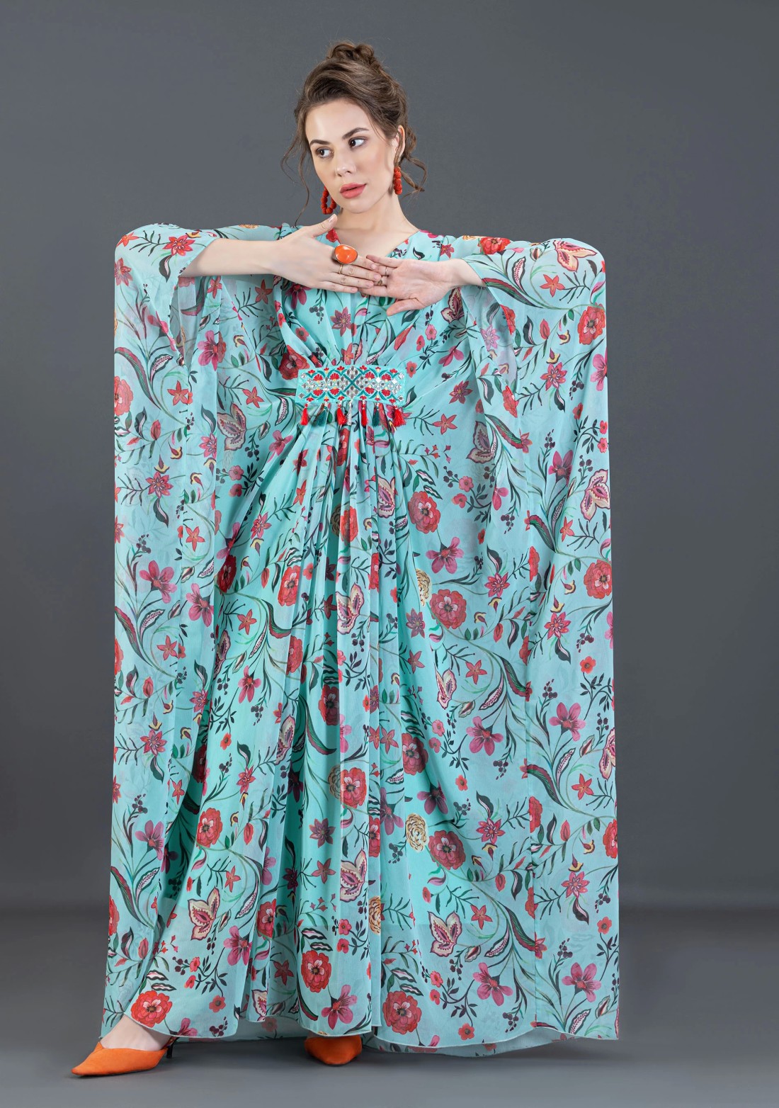 Turquoise Oriental Floral Printed Embellished Kaftan