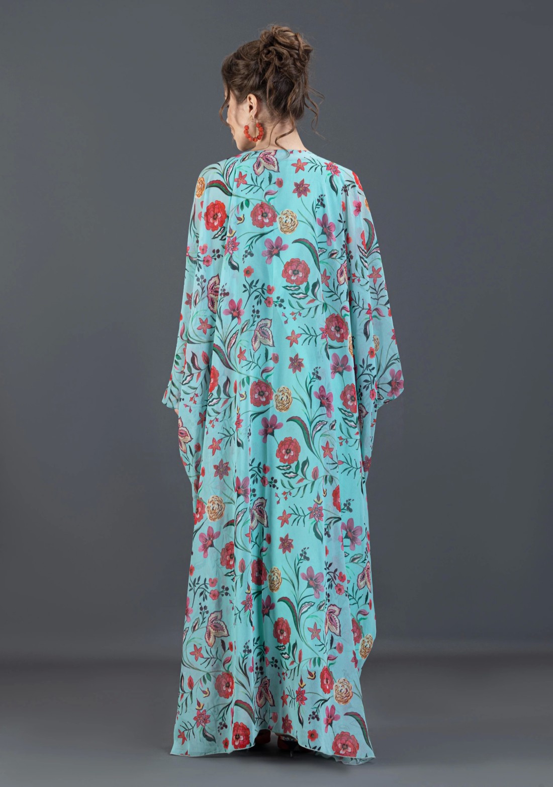 Turquoise Oriental Floral Printed Embellished Kaftan