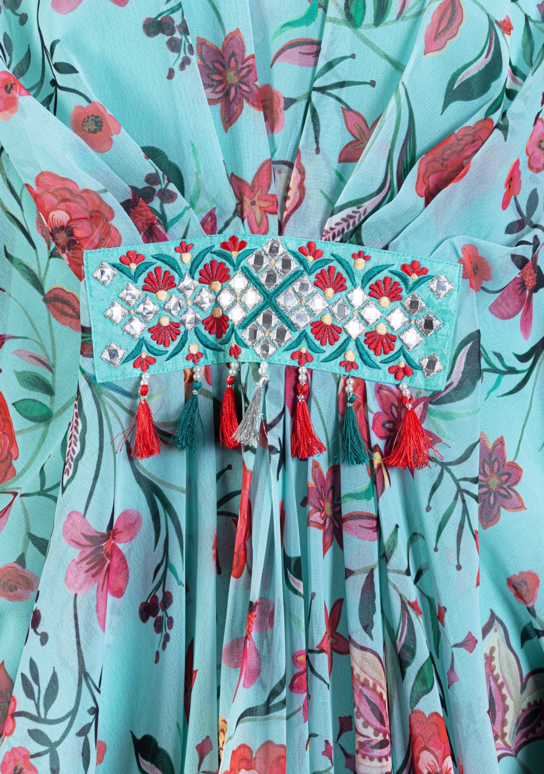 Turquoise Oriental Floral Printed Embellished Kaftan