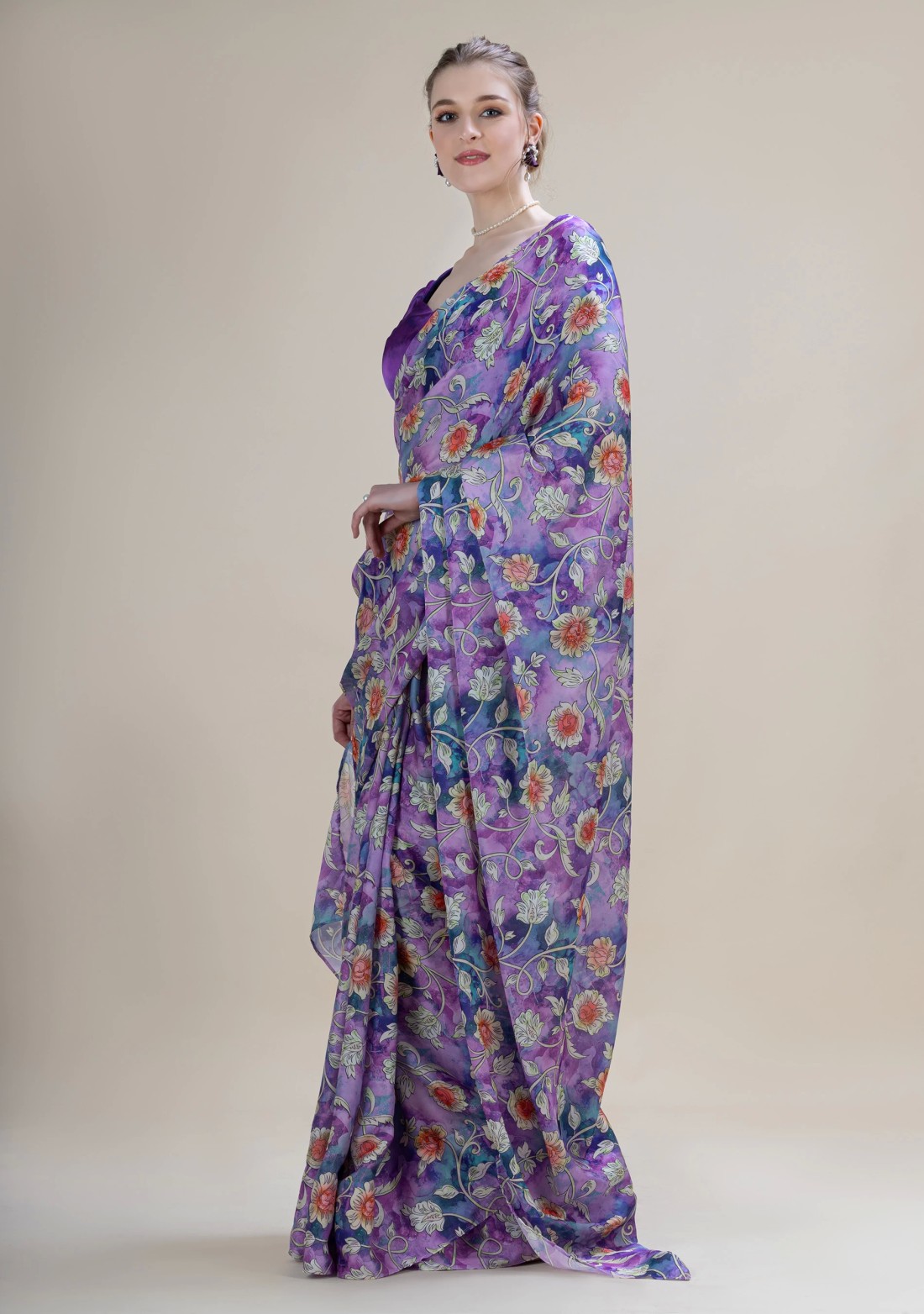 Purple Floral Printed Lightweight Satin Georgette Saree With Unstitched Blouse