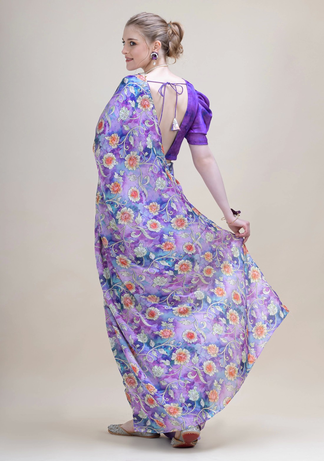 Purple Floral Printed Lightweight Satin Georgette Saree With Unstitched Blouse