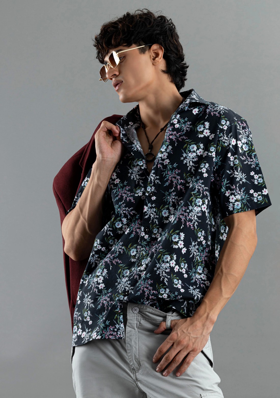 Black Floral Print Regular Fit Half Sleeves Cotton Shirt