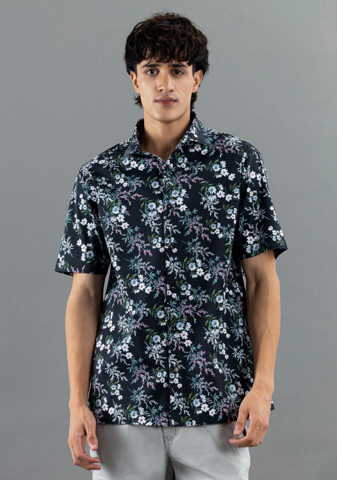 Black Floral Print Regular Fit Half Sleeves Cotton Shirt