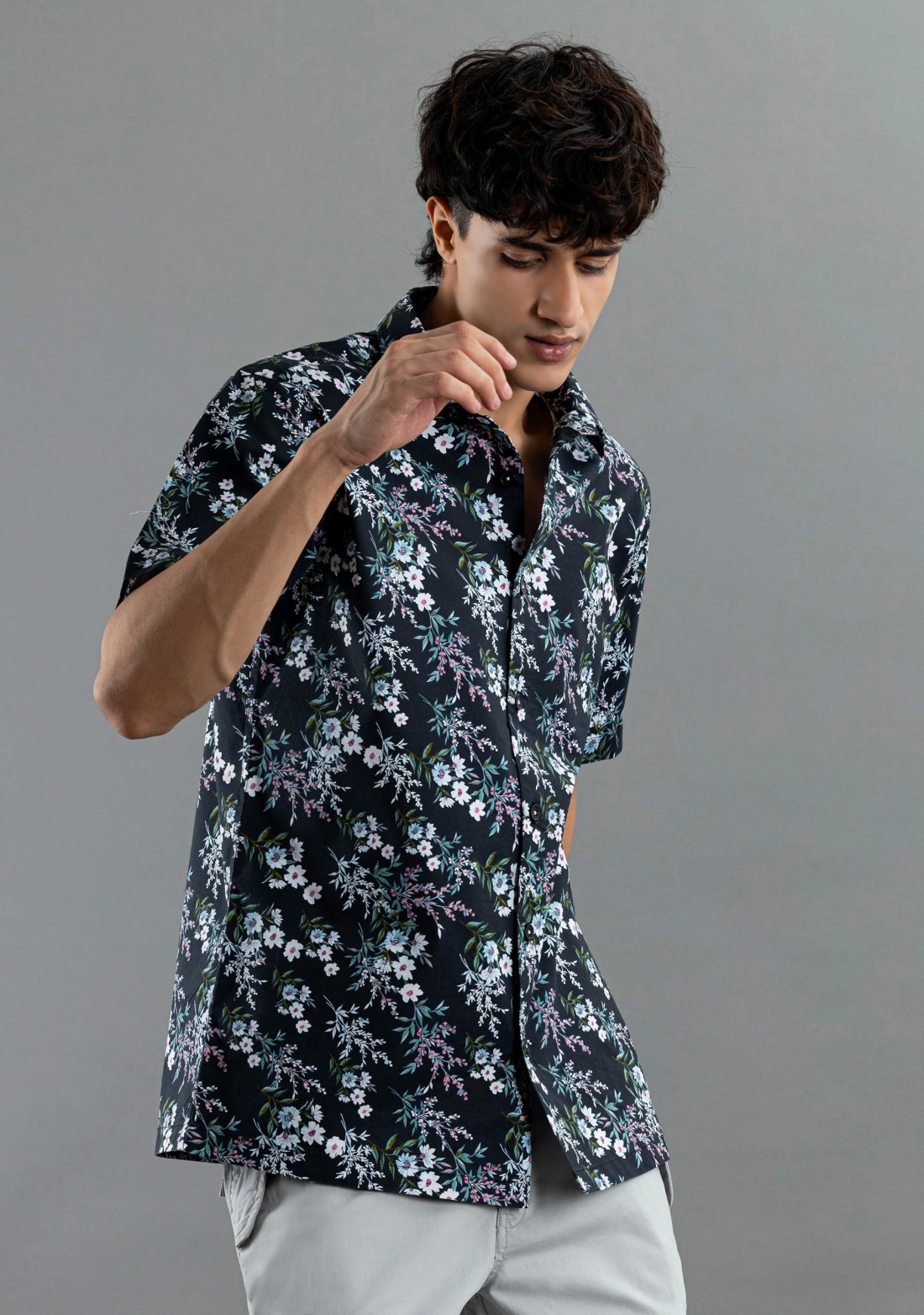 Black Floral Print Regular Fit Half Sleeves Cotton Shirt