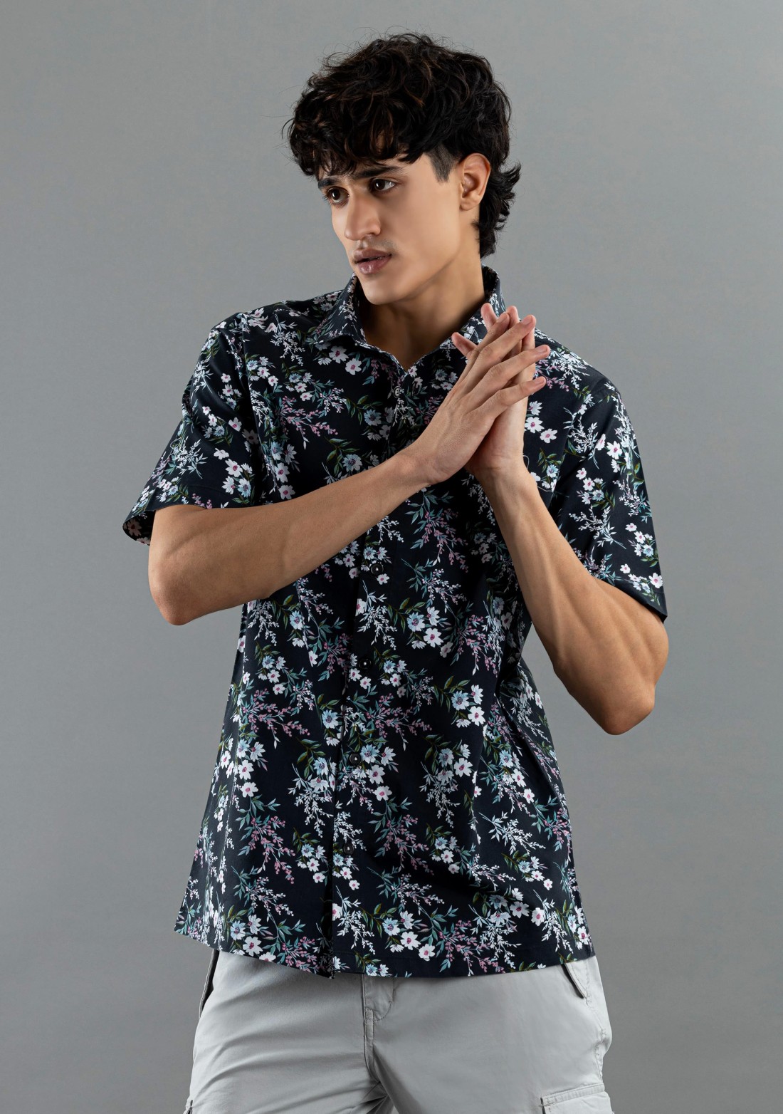 Black Floral Print Regular Fit Half Sleeves Cotton Shirt