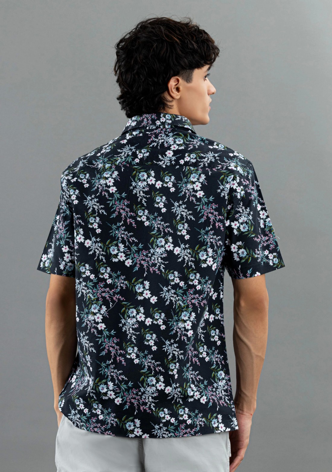 Black Floral Print Regular Fit Half Sleeves Cotton Shirt