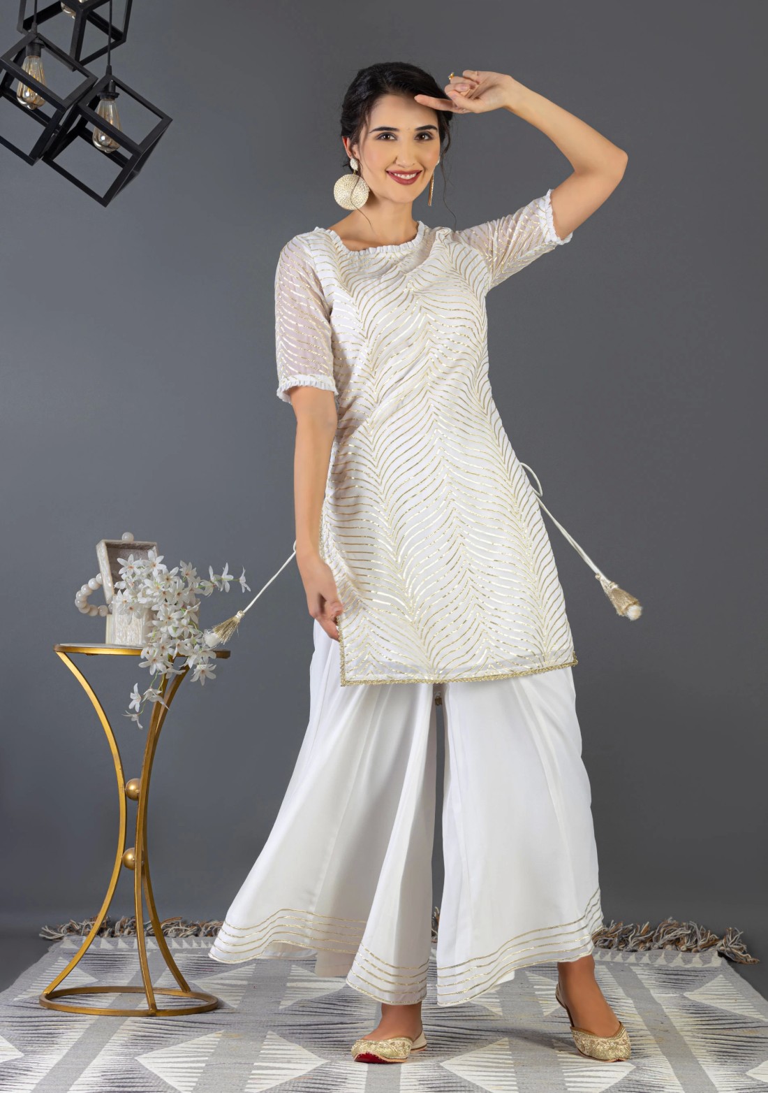 Off-White Gota Embroidered Georgette Kurta Sharara Set