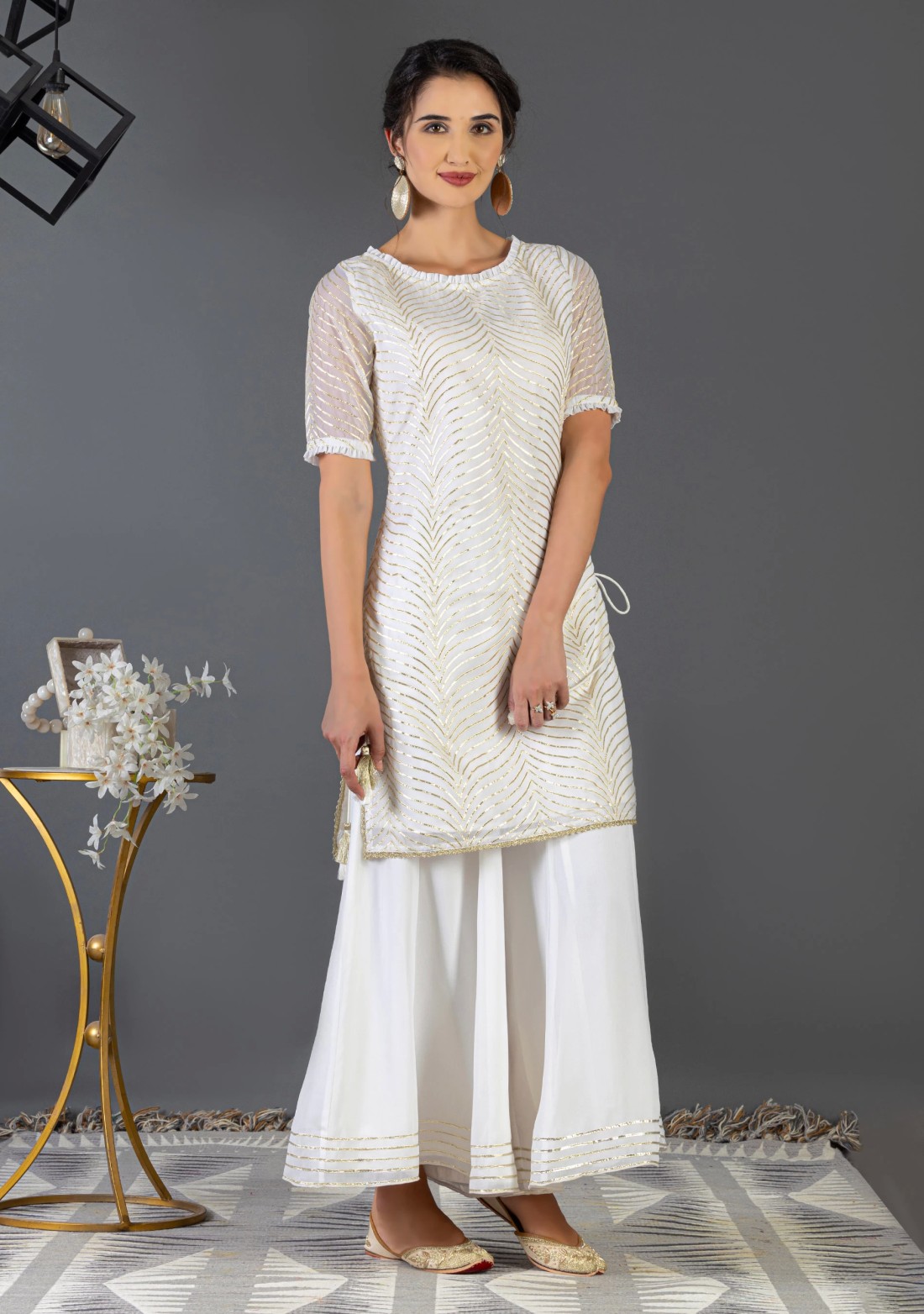 Off-White Gota Embroidered Georgette Kurta Sharara Set