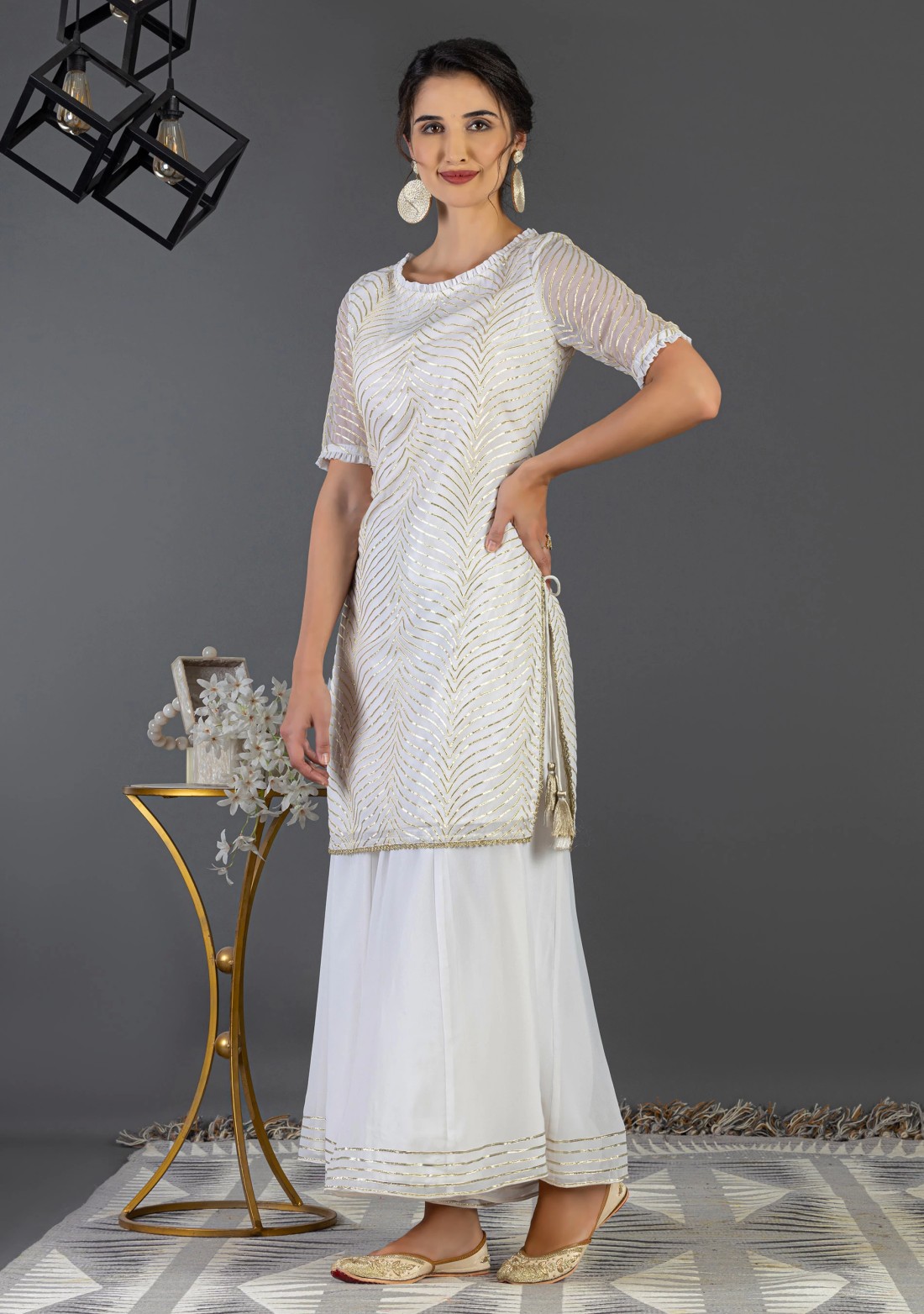 Off-White Gota Embroidered Georgette Kurta Sharara Set