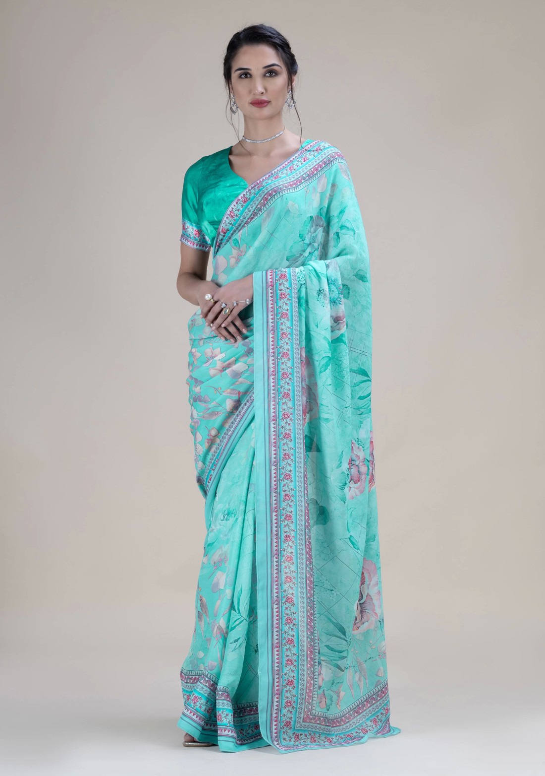 Sea Green Multi Floral Print Light Weight Satin Georgette Saree With Unstitched Blouse