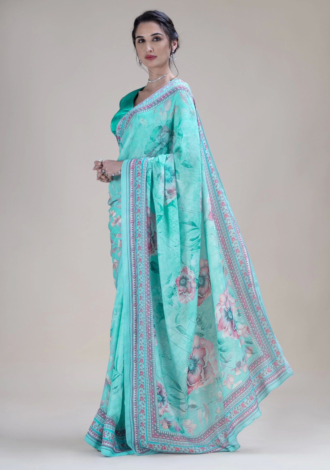 Sea Green Multi Floral Print Light Weight Satin Georgette Saree With Unstitched Blouse
