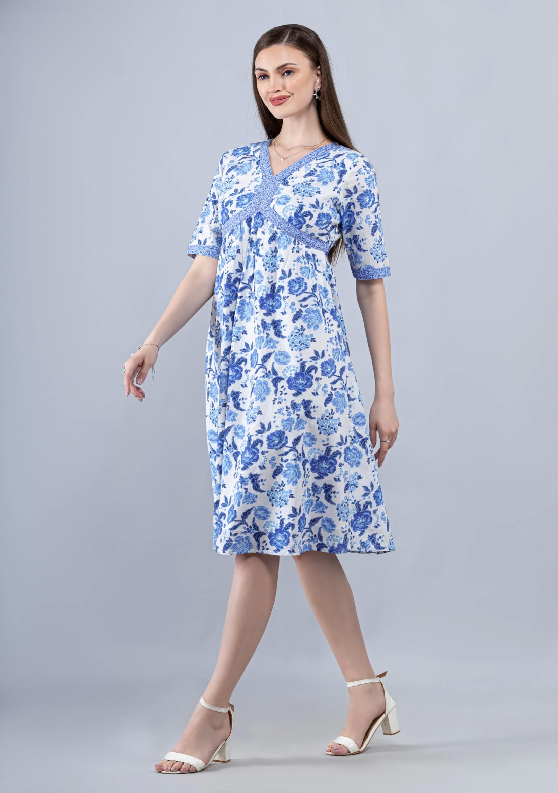 White Floral Print Cotton Midi Dress