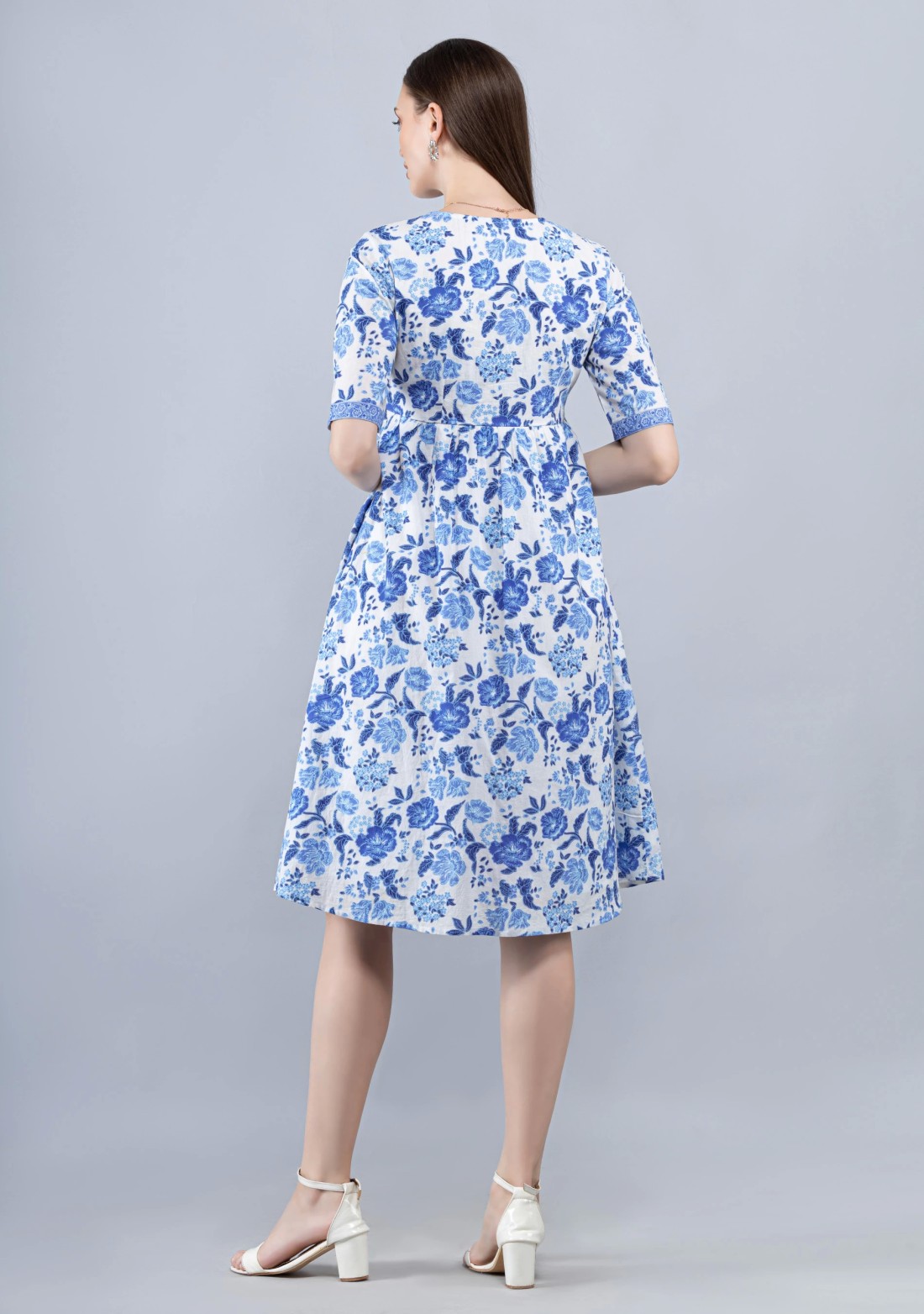 White Floral Print Cotton Midi Dress