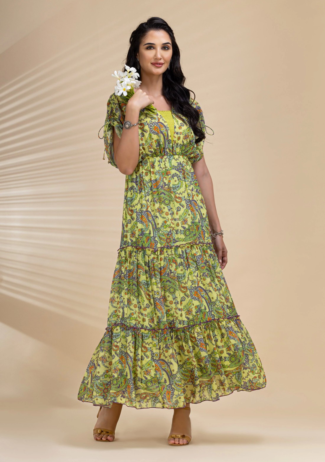 Green Paisley Printed Tiered Long Dress