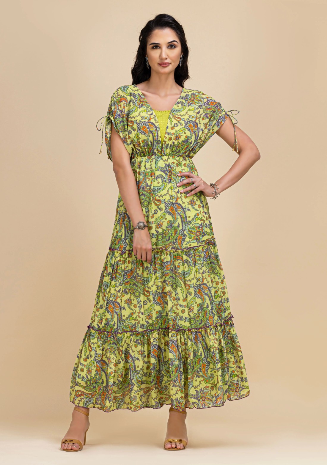 Green Paisley Printed Tiered Long Dress