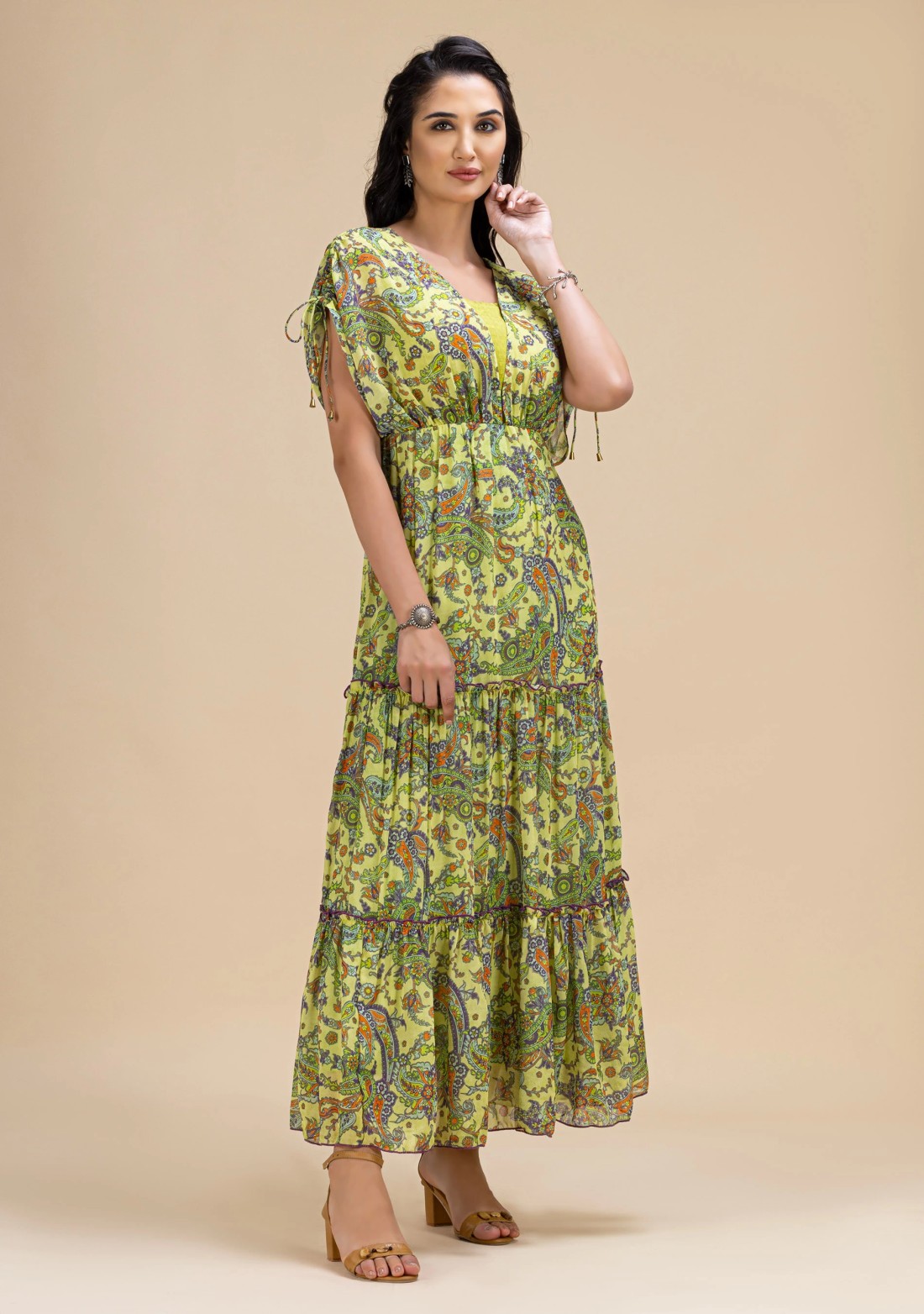 Green Paisley Printed Tiered Long Dress