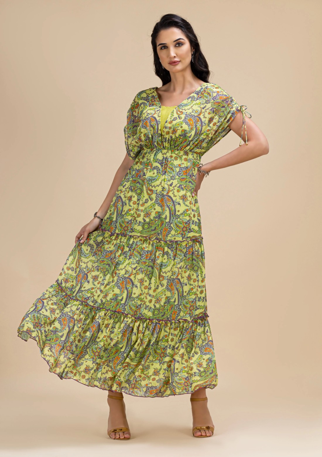 Green Paisley Printed Tiered Long Dress