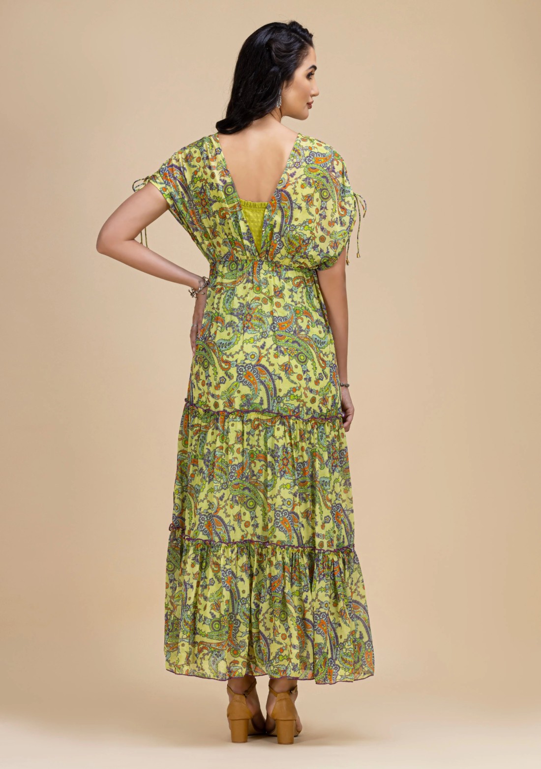 Green Paisley Printed Tiered Long Dress