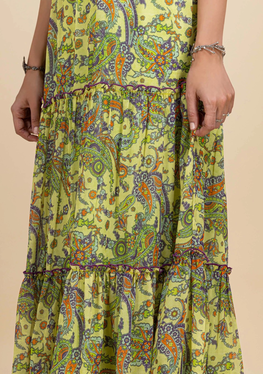 Green Paisley Printed Tiered Long Dress