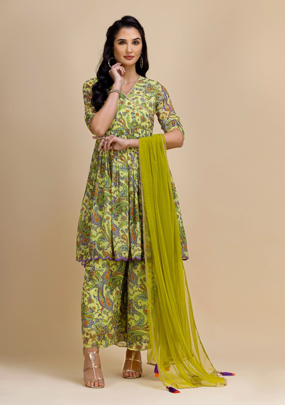 Green Paisley Print Georgette Flared Kurta Suit Set