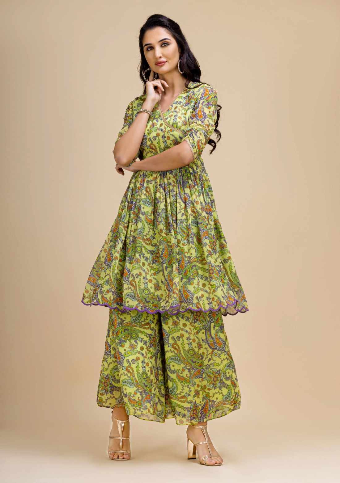 Green Paisley Print Georgette Flared Kurta Suit Set