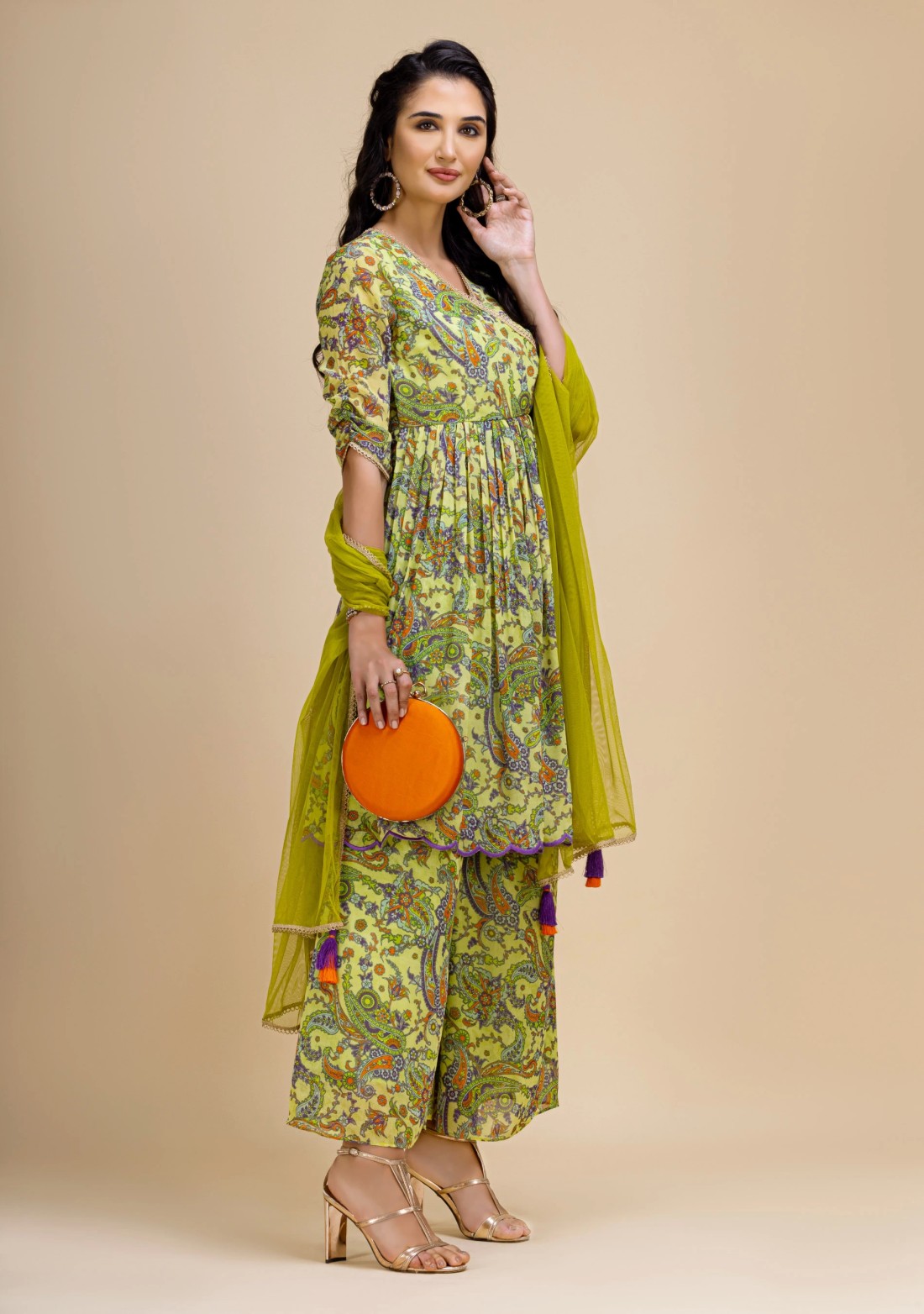 Green Paisley Print Georgette Flared Kurta Suit Set