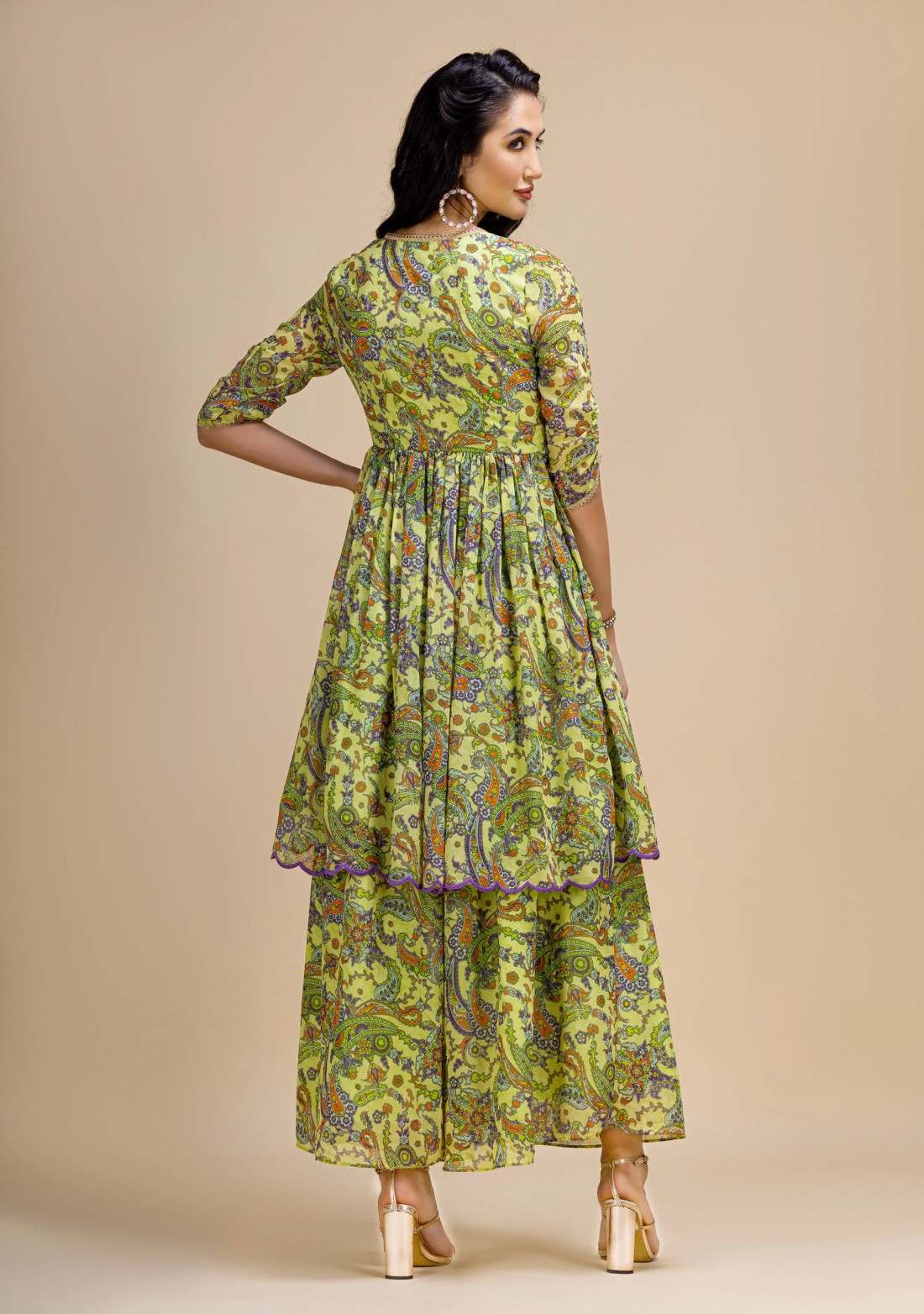 Green Paisley Print Georgette Flared Kurta Suit Set