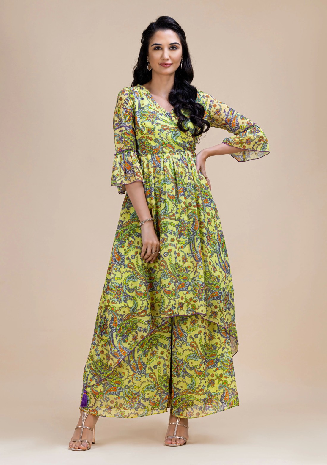 Green Paisley Printed Asymmetrical Georgette Kurta