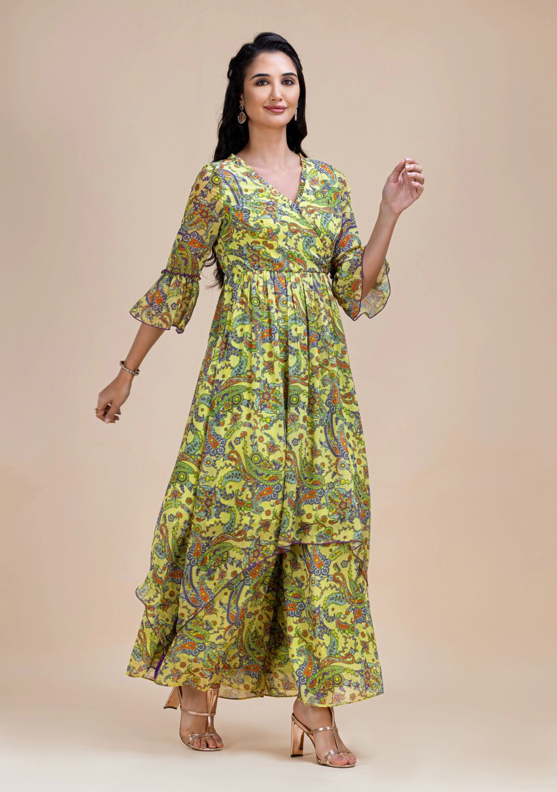 Green Paisley Printed Asymmetrical Georgette Kurta