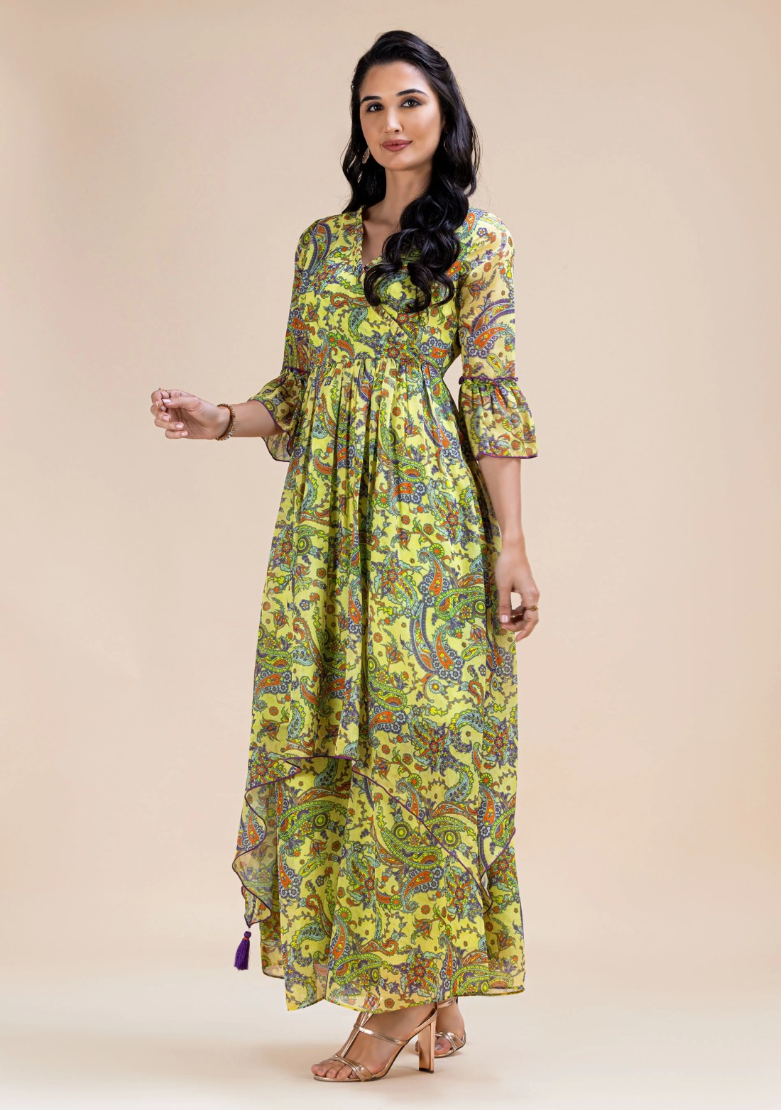 Green Paisley Printed Asymmetrical Georgette Kurta