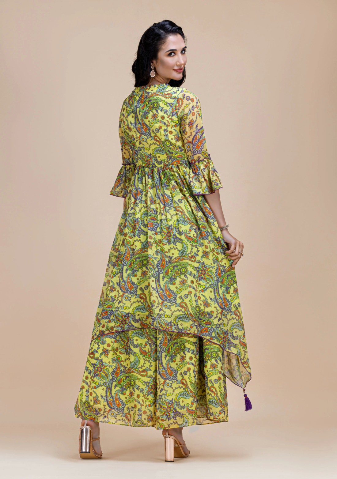 Green Paisley Printed Asymmetrical Georgette Kurta