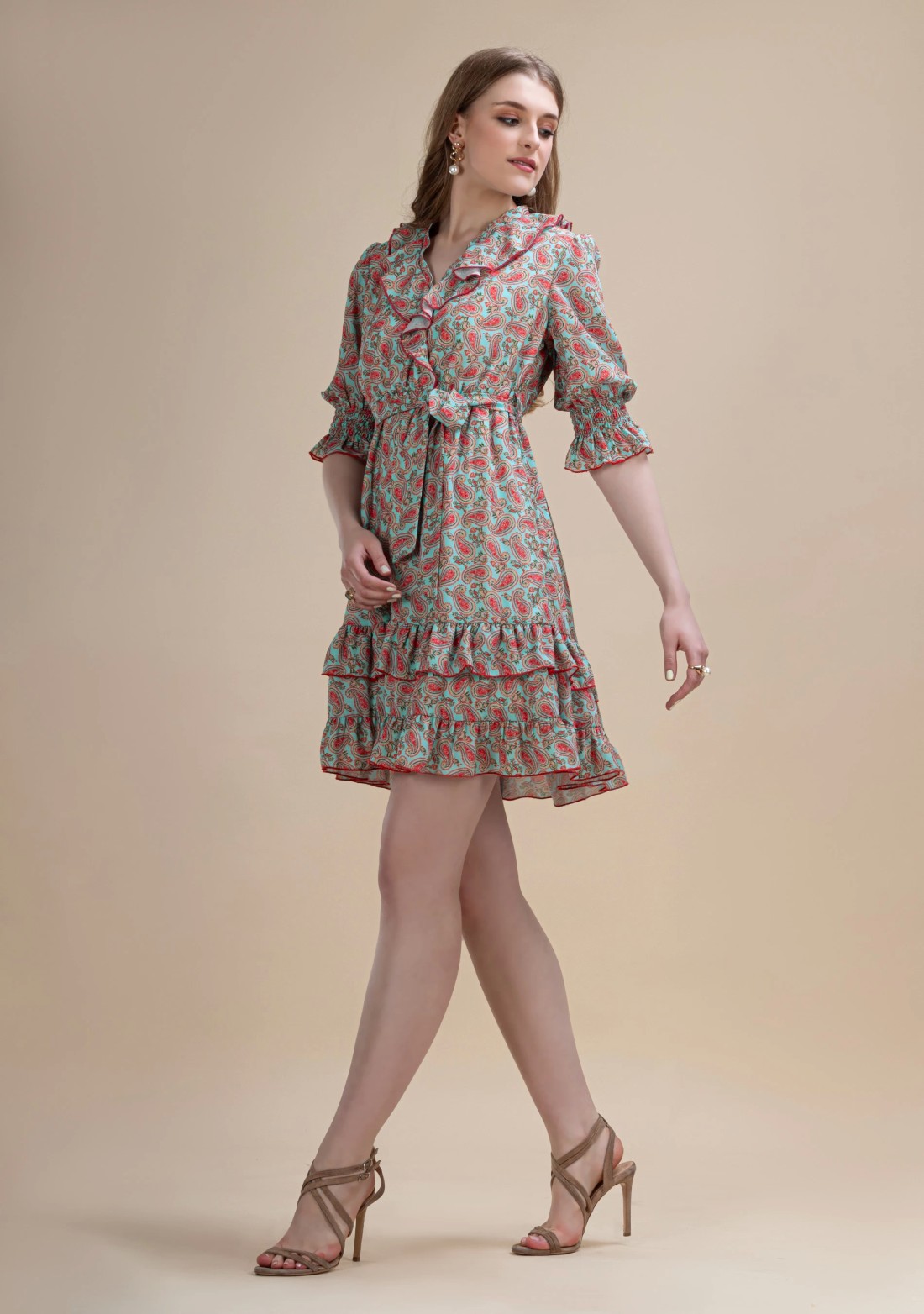 Turquoise Paisley Print Ruffled Flared Mini Dress