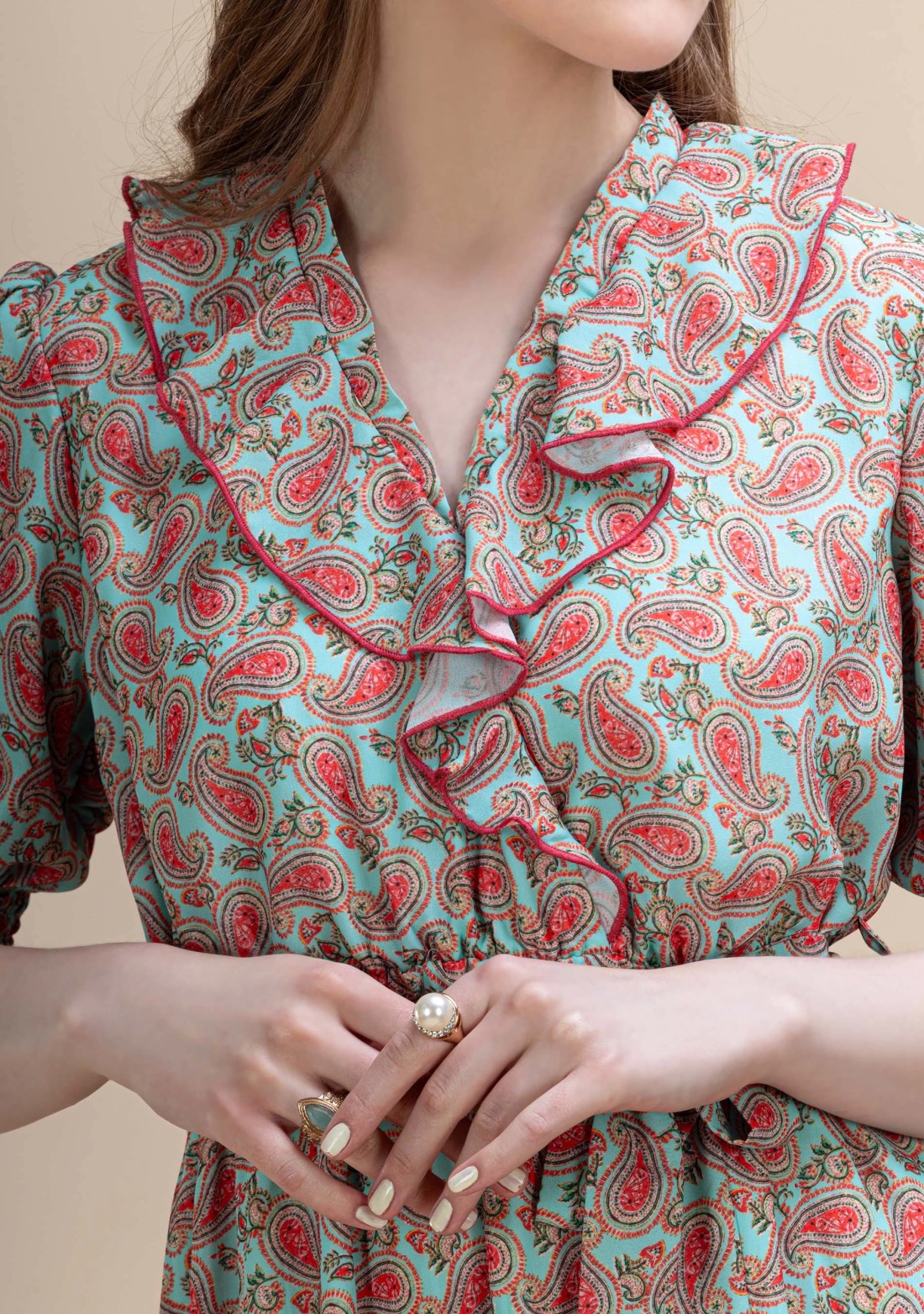 Turquoise Paisley Print Ruffled Flared Mini Dress