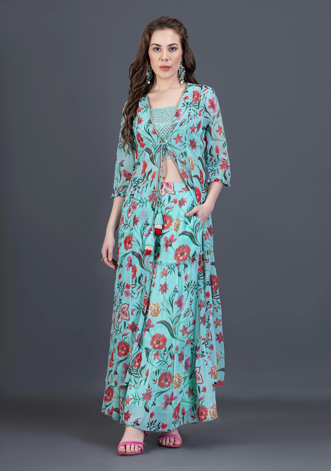 Turquoise Oriental Floral Printed Flared Cape Crop Top & Bottom Set