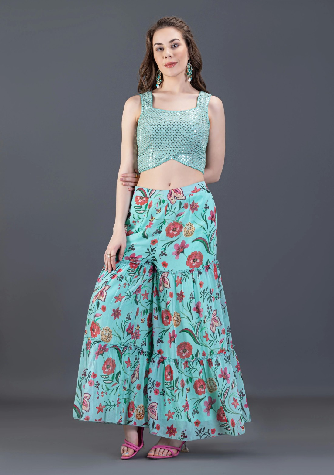 Turquoise Oriental Floral Printed Flared Cape Crop Top & Bottom Set