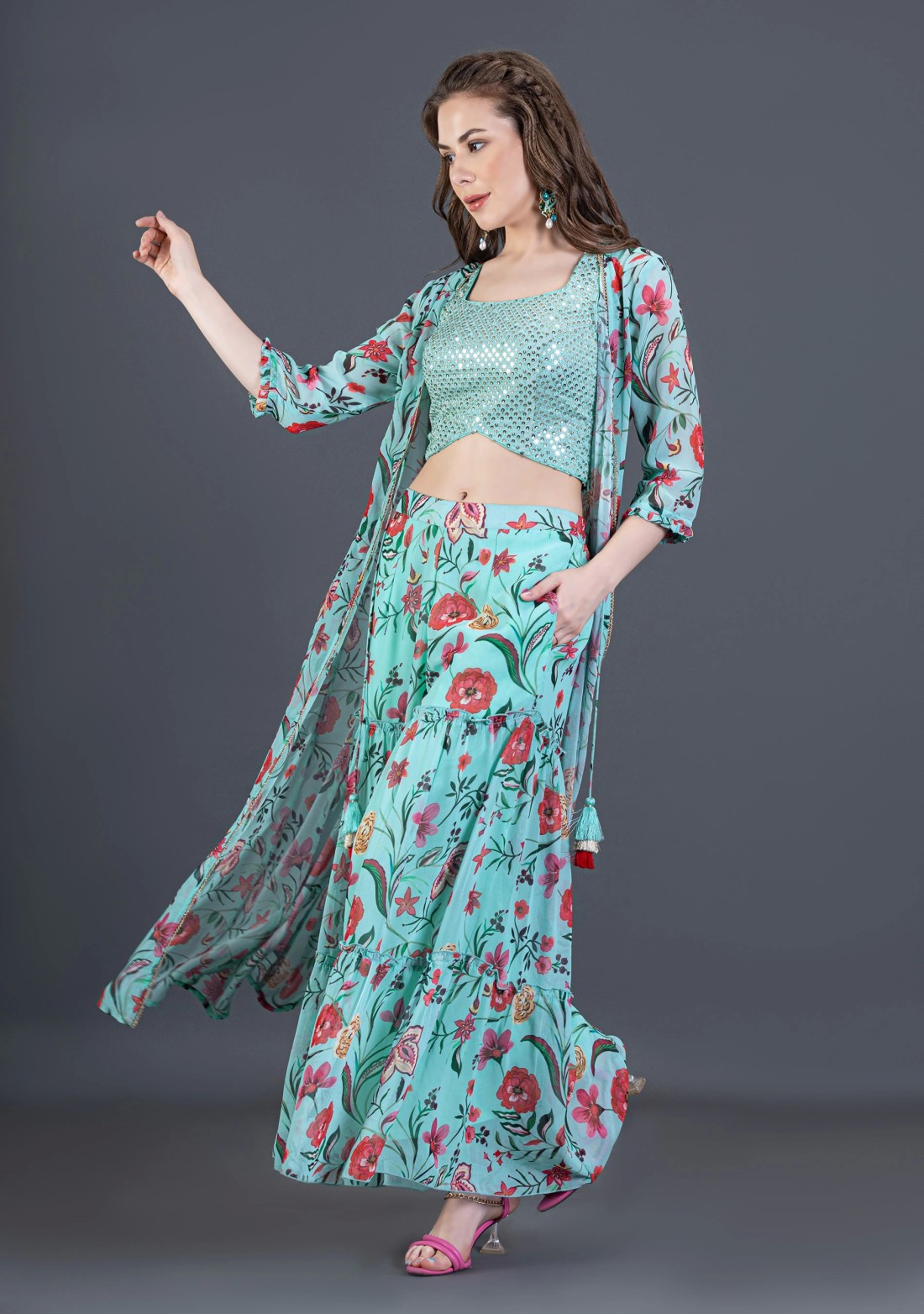 Turquoise Oriental Floral Printed Flared Cape Crop Top & Bottom Set