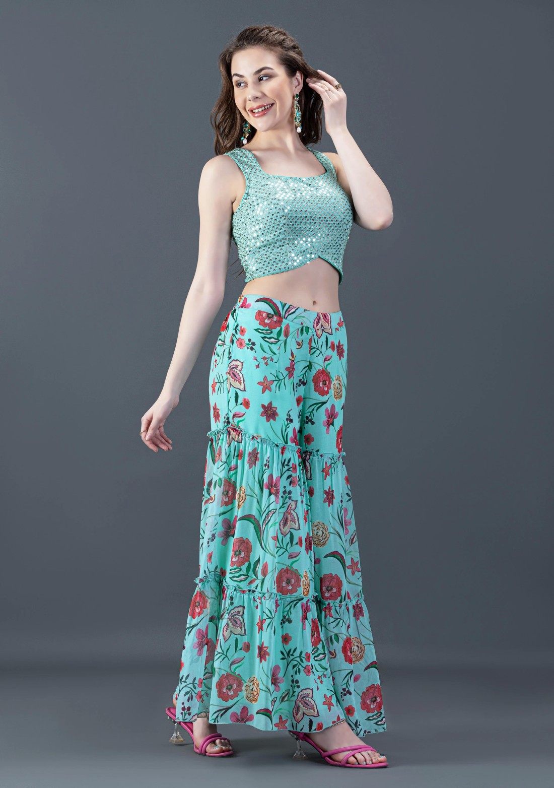 Turquoise Oriental Floral Printed Flared Cape Crop Top & Bottom Set