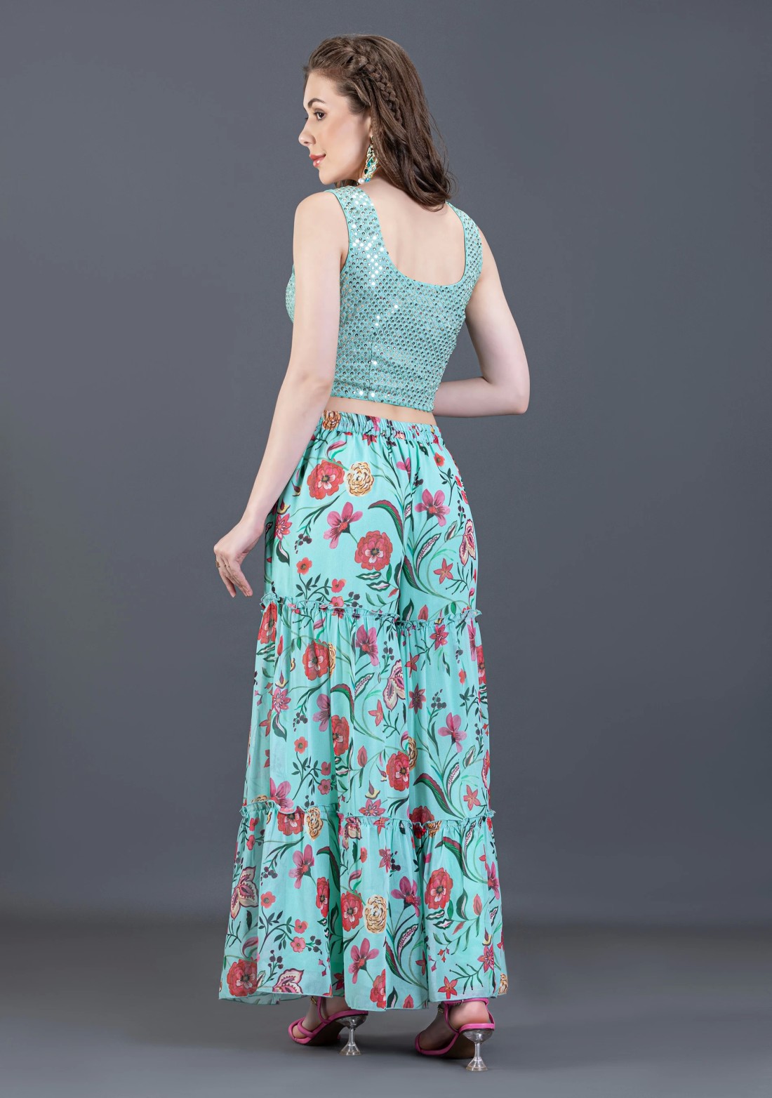 Turquoise Oriental Floral Printed Flared Cape Crop Top & Bottom Set