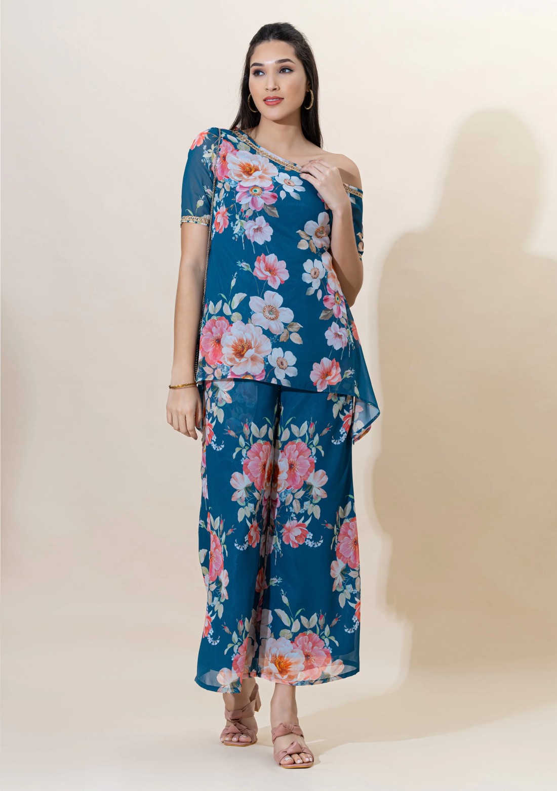 Multi Colour Big Floral Print Georgette One Shoulder Kurti and Flared Pants Co-Ord Set