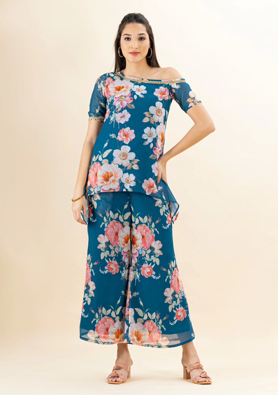 Multi Colour Big Floral Print Georgette One Shoulder Kurti and Flared Pants Co-Ord Set