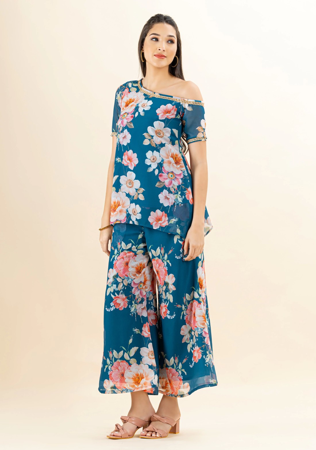 Multi Colour Big Floral Print Georgette One Shoulder Kurti and Flared Pants Co-Ord Set