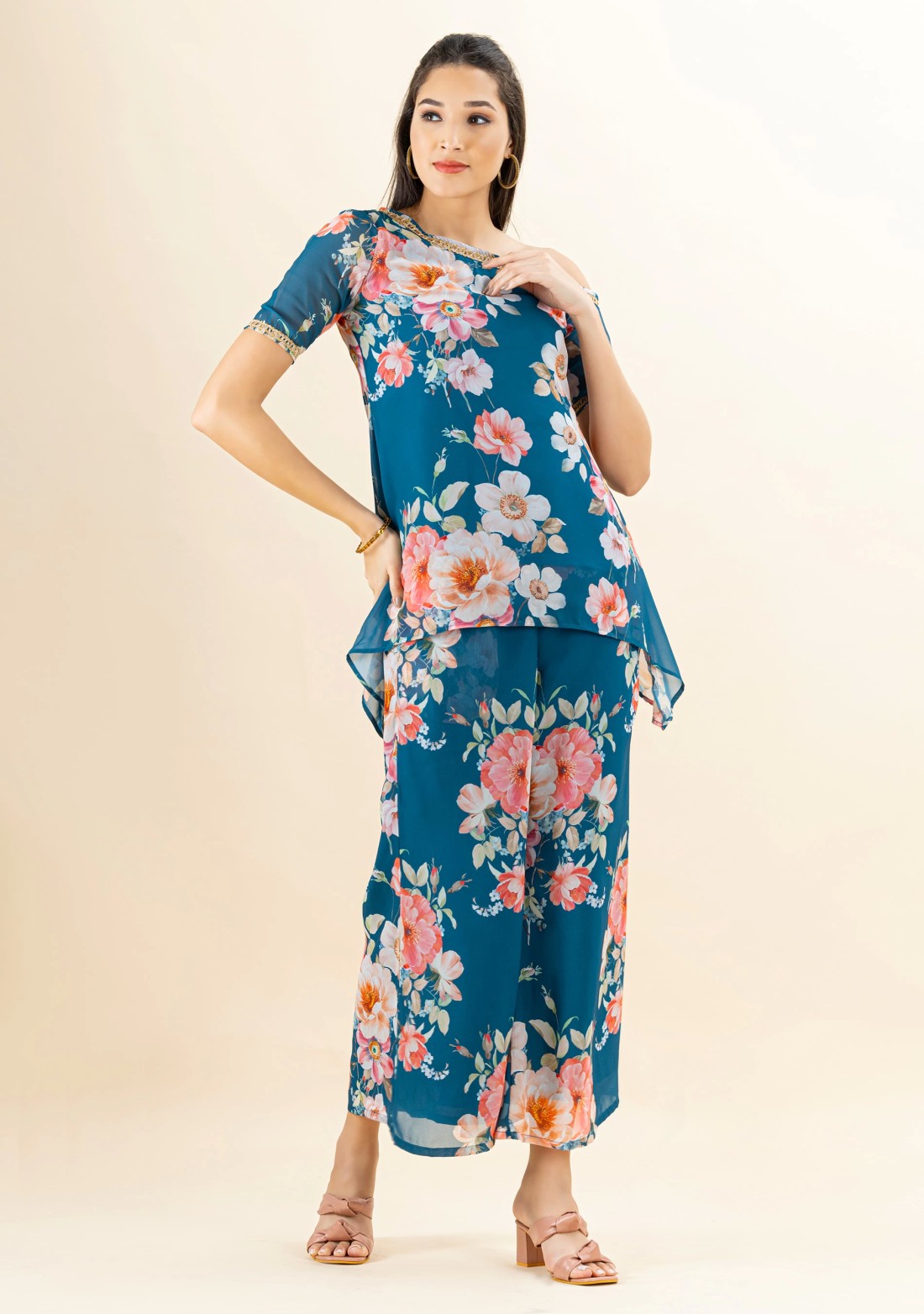 Multi Colour Big Floral Print Georgette One Shoulder Kurti and Flared Pants Co-Ord Set