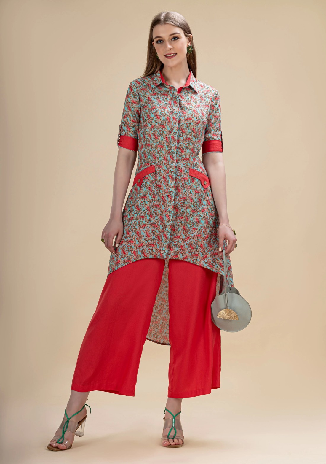 Red and Turquoise Paisley Printed Moss Crepe High Low kurta