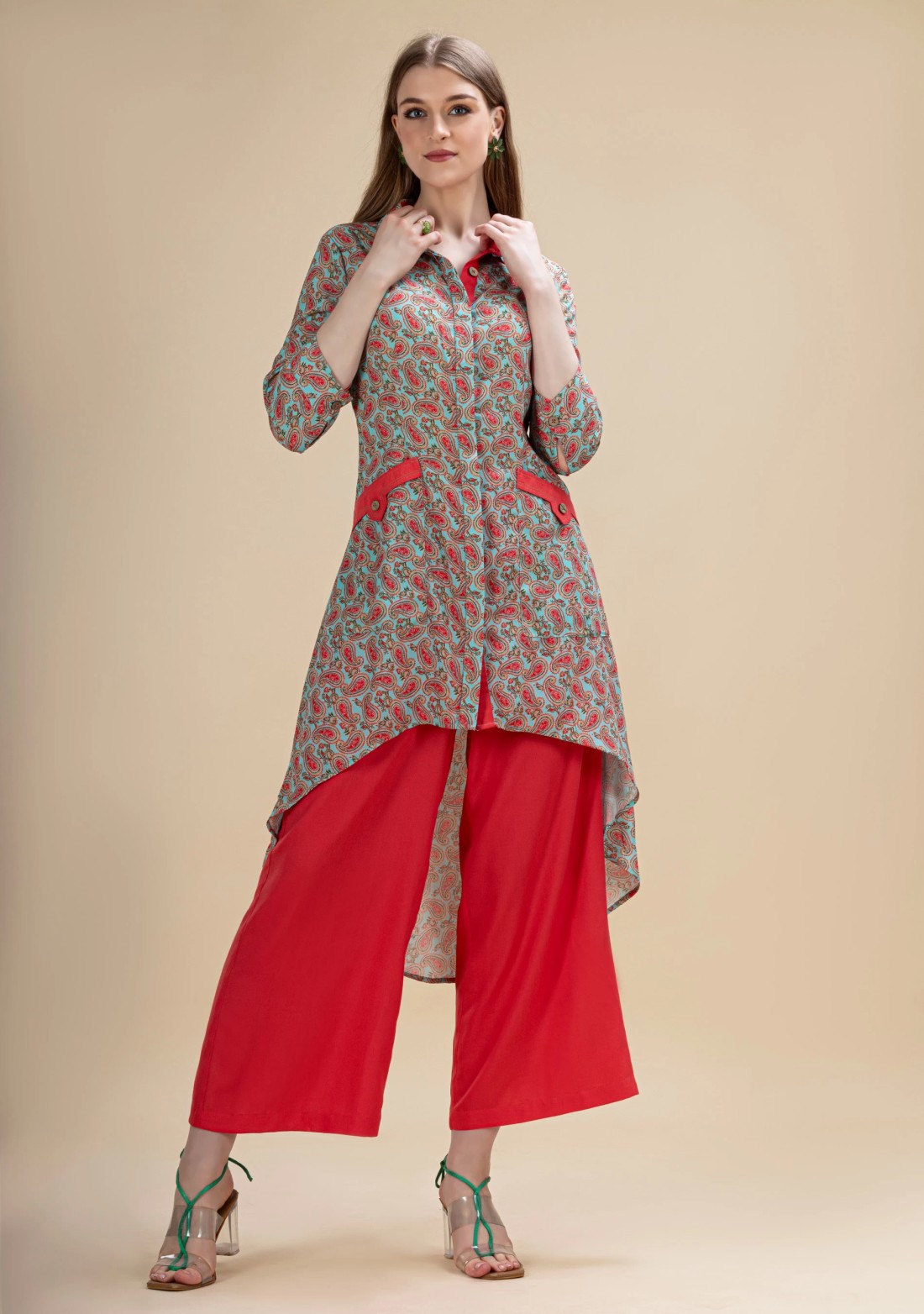 Red and Turquoise Paisley Printed Moss Crepe High Low kurta