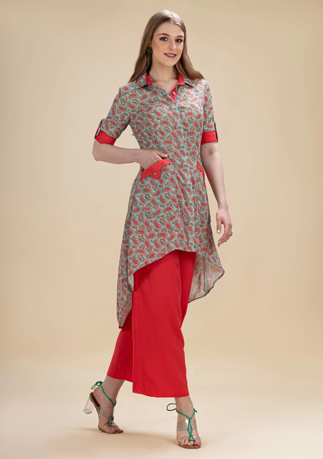 Red and Turquoise Paisley Printed Moss Crepe High Low kurta