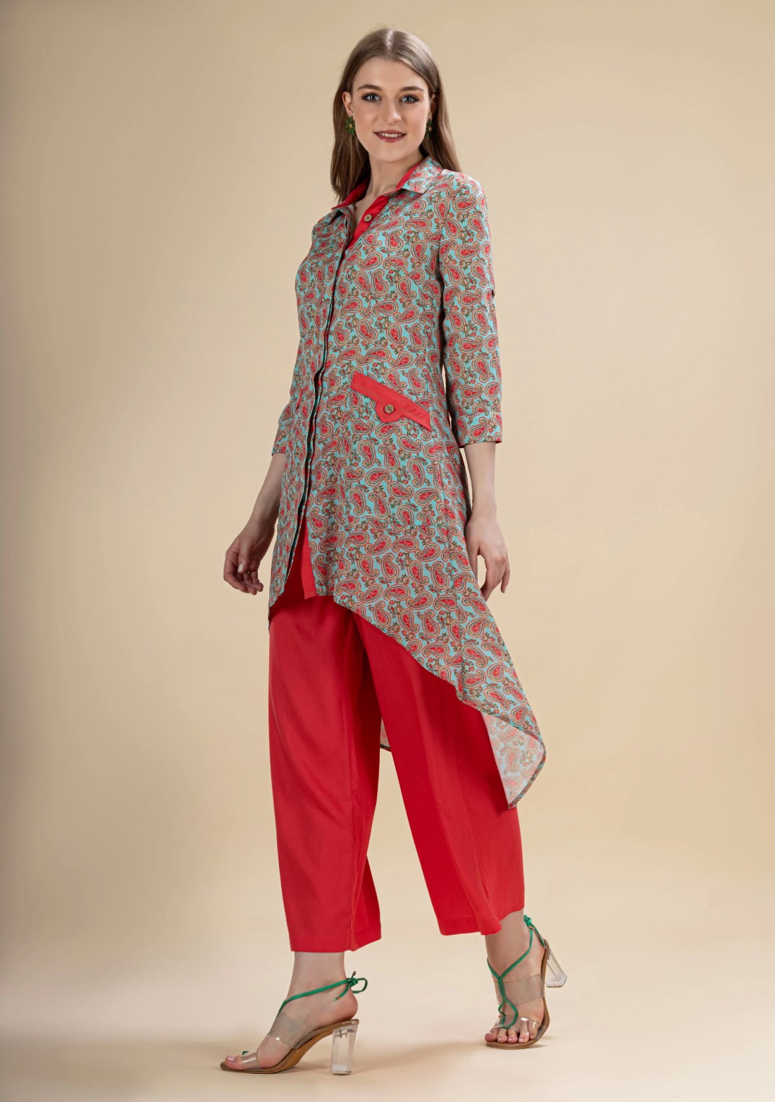 Red and Turquoise Paisley Printed Moss Crepe High Low kurta