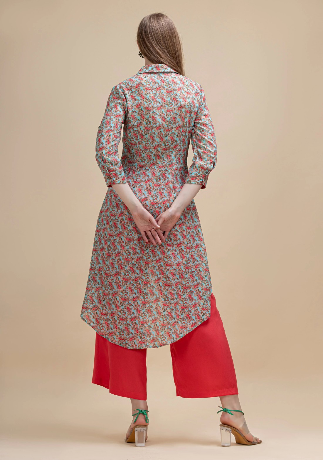 Red and Turquoise Paisley Printed Moss Crepe High Low kurta