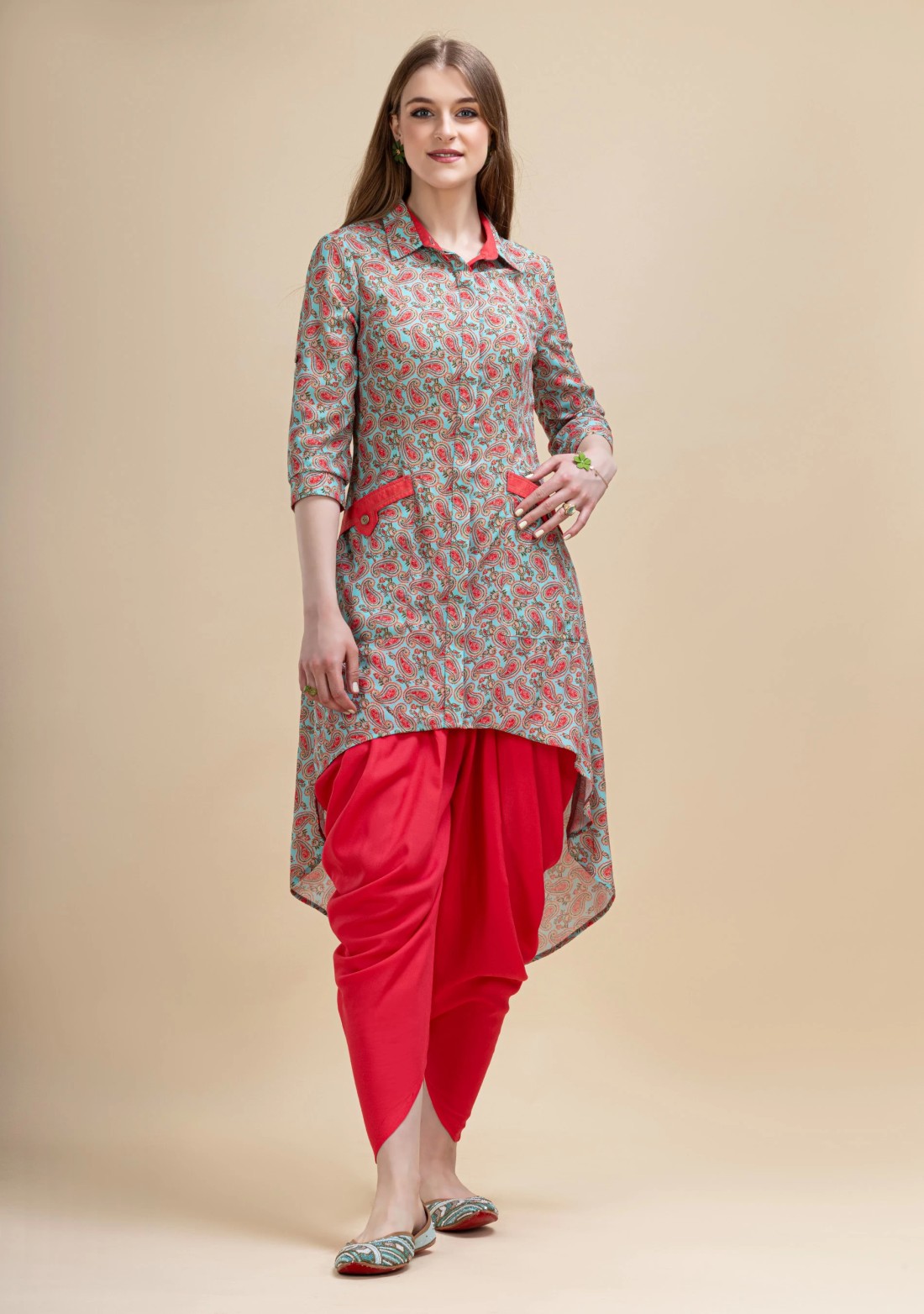 Red and Turquoise Paisley Printed Moss Crepe High Low kurta